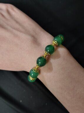 Verde Onyx Green Gemstone Beaded Bracelet Goldtone Adjustable
